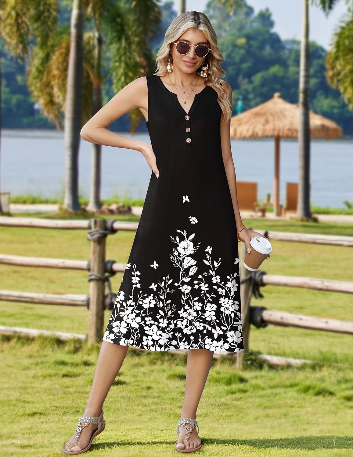 image:imageZeagoo Summer Dress for Women 2026 Sleeveless Tank Midi Dress Vacation Beach Sundress Aline Boho ClothingA02black Floral