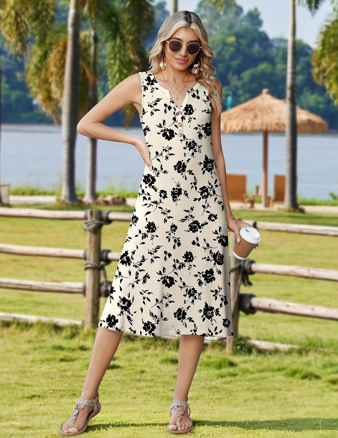 image:imageZeagoo Summer Dress for Women 2026 Sleeveless Tank Midi Dress Vacation Beach Sundress Aline Boho ClothingApricot Floral