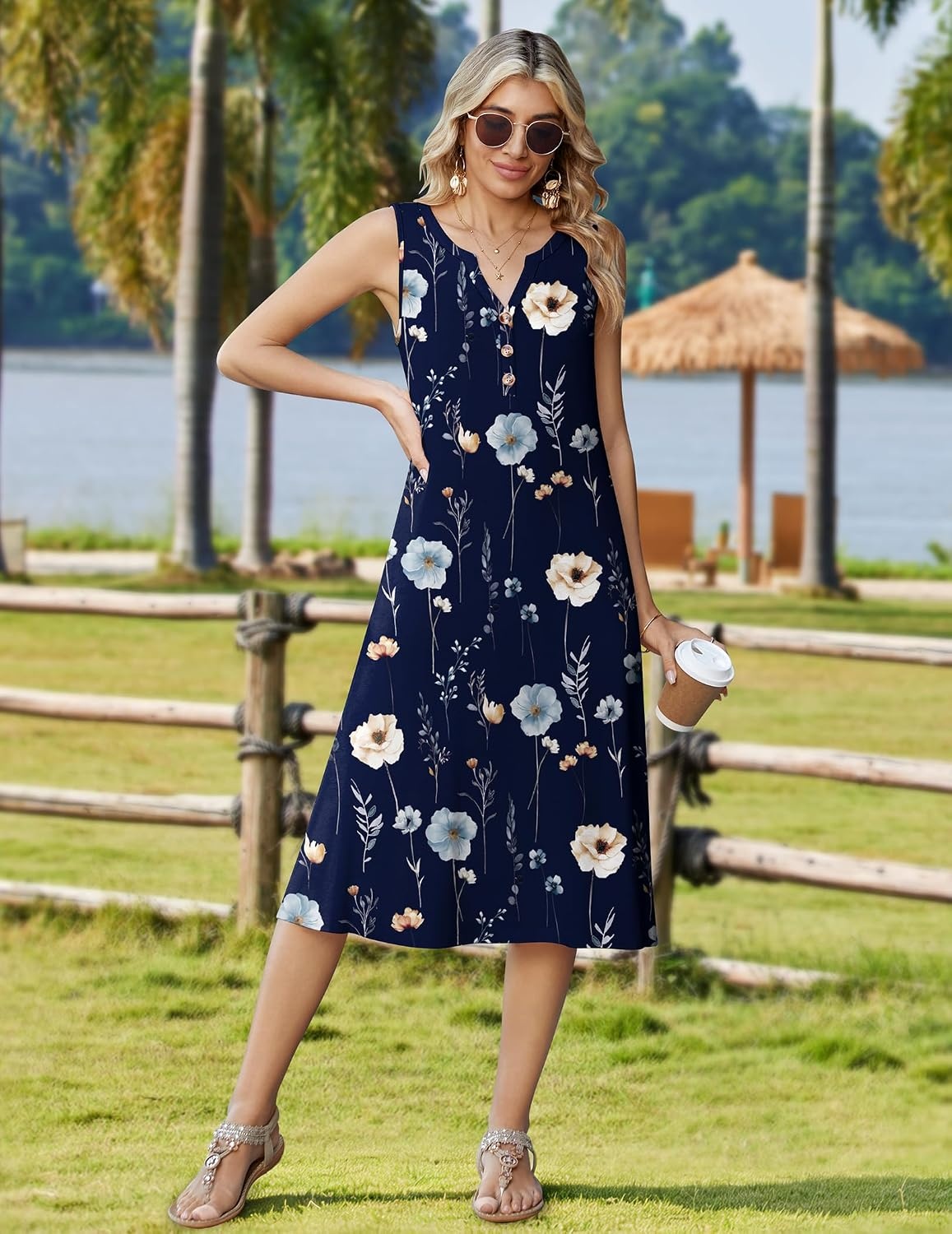 image:imageZeagoo Summer Dress for Women 2026 Sleeveless Tank Midi Dress Vacation Beach Sundress Aline Boho ClothingBlue Floral