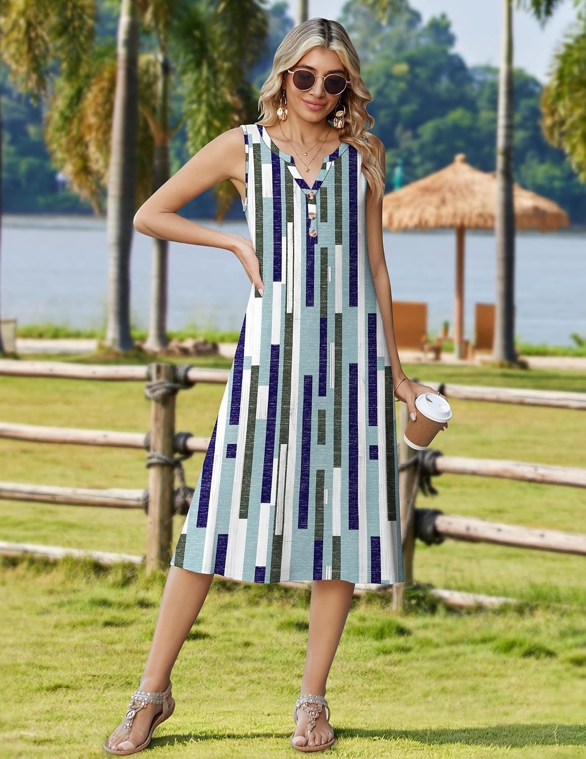 image:imageZeagoo Summer Dress for Women 2026 Sleeveless Tank Midi Dress Vacation Beach Sundress Aline Boho ClothingBlue Geometry