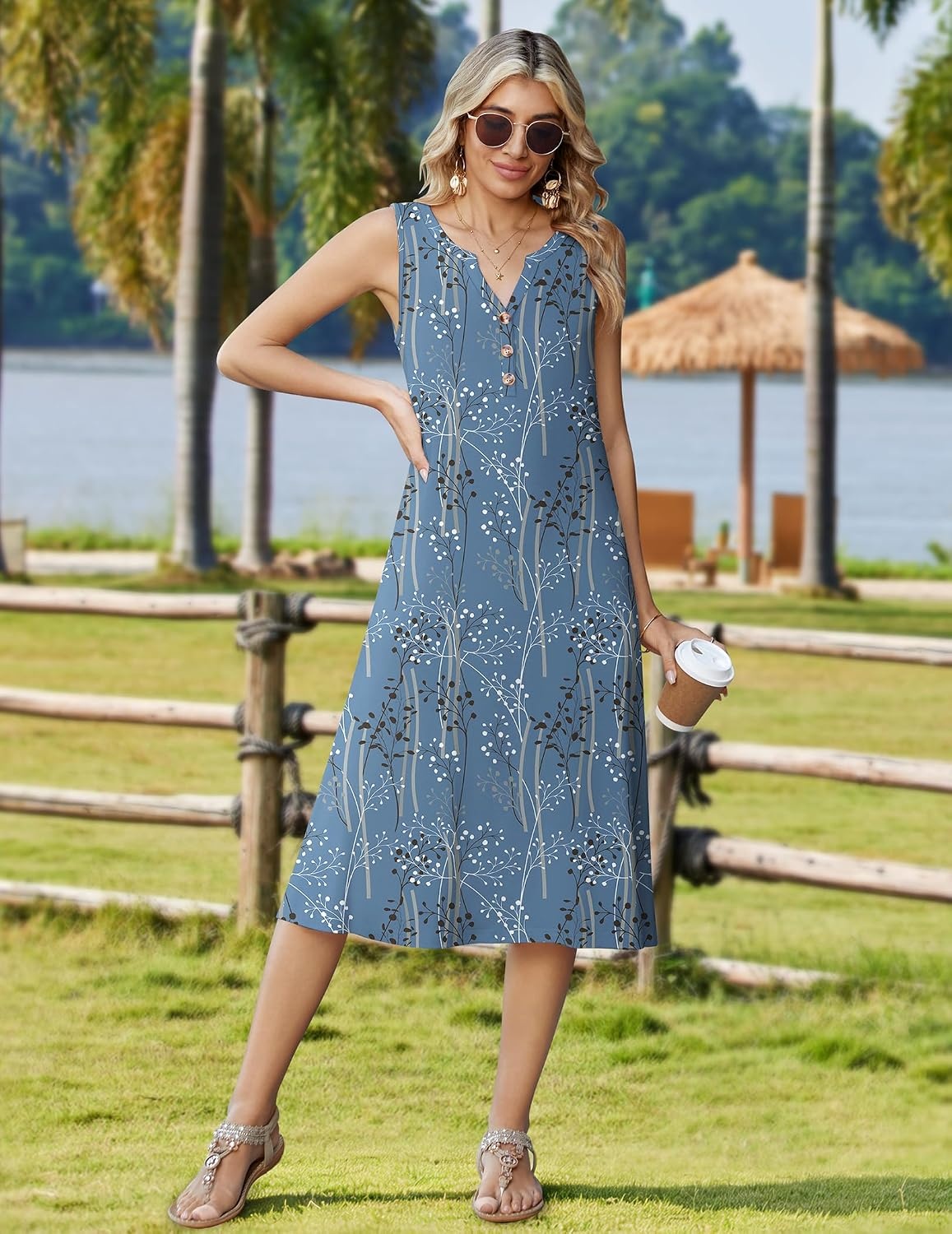image:imageZeagoo Summer Dress for Women 2026 Sleeveless Tank Midi Dress Vacation Beach Sundress Aline Boho ClothingBlue Plants