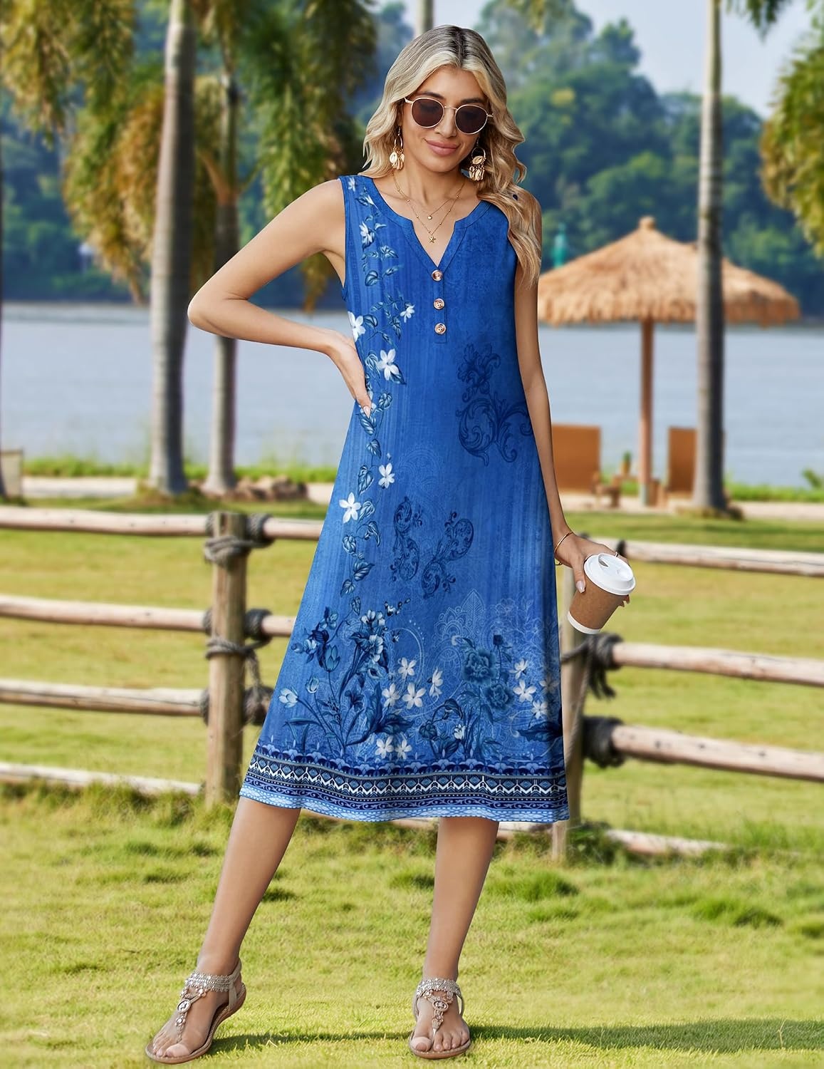 image:imageZeagoo Summer Dress for Women 2026 Sleeveless Tank Midi Dress Vacation Beach Sundress Aline Boho ClothingBlue Print