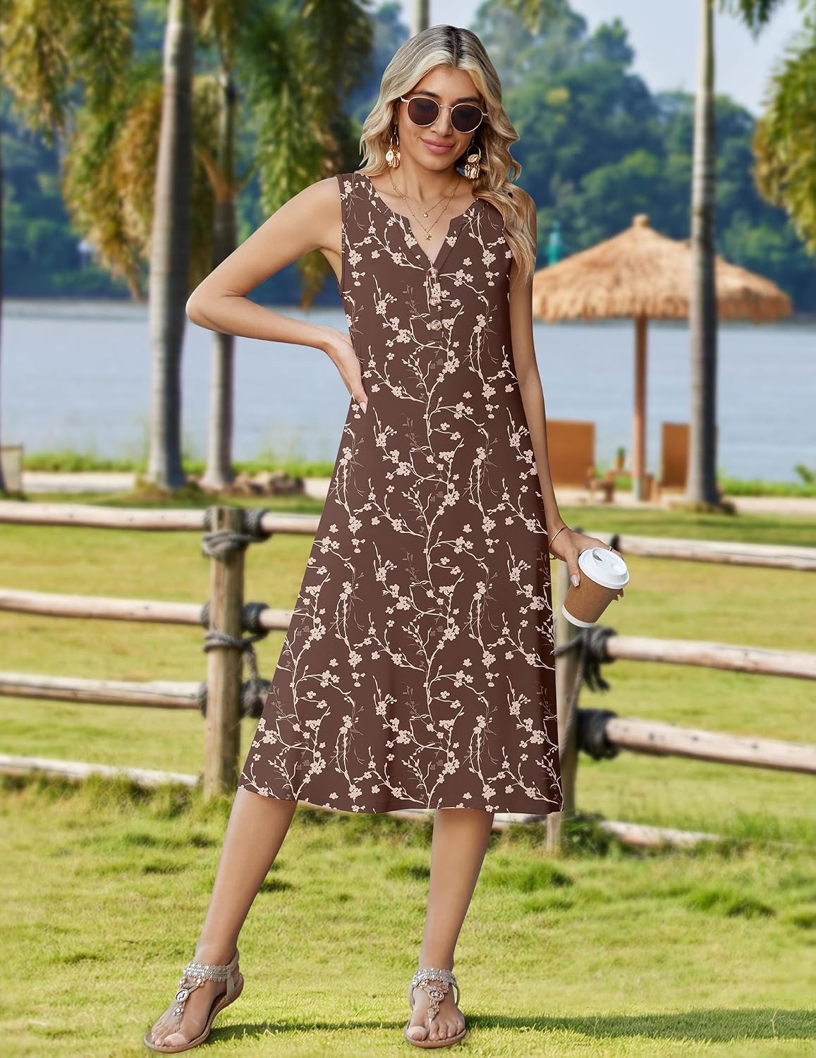 image:imageZeagoo Summer Dress for Women 2026 Sleeveless Tank Midi Dress Vacation Beach Sundress Aline Boho ClothingCoffee Floral