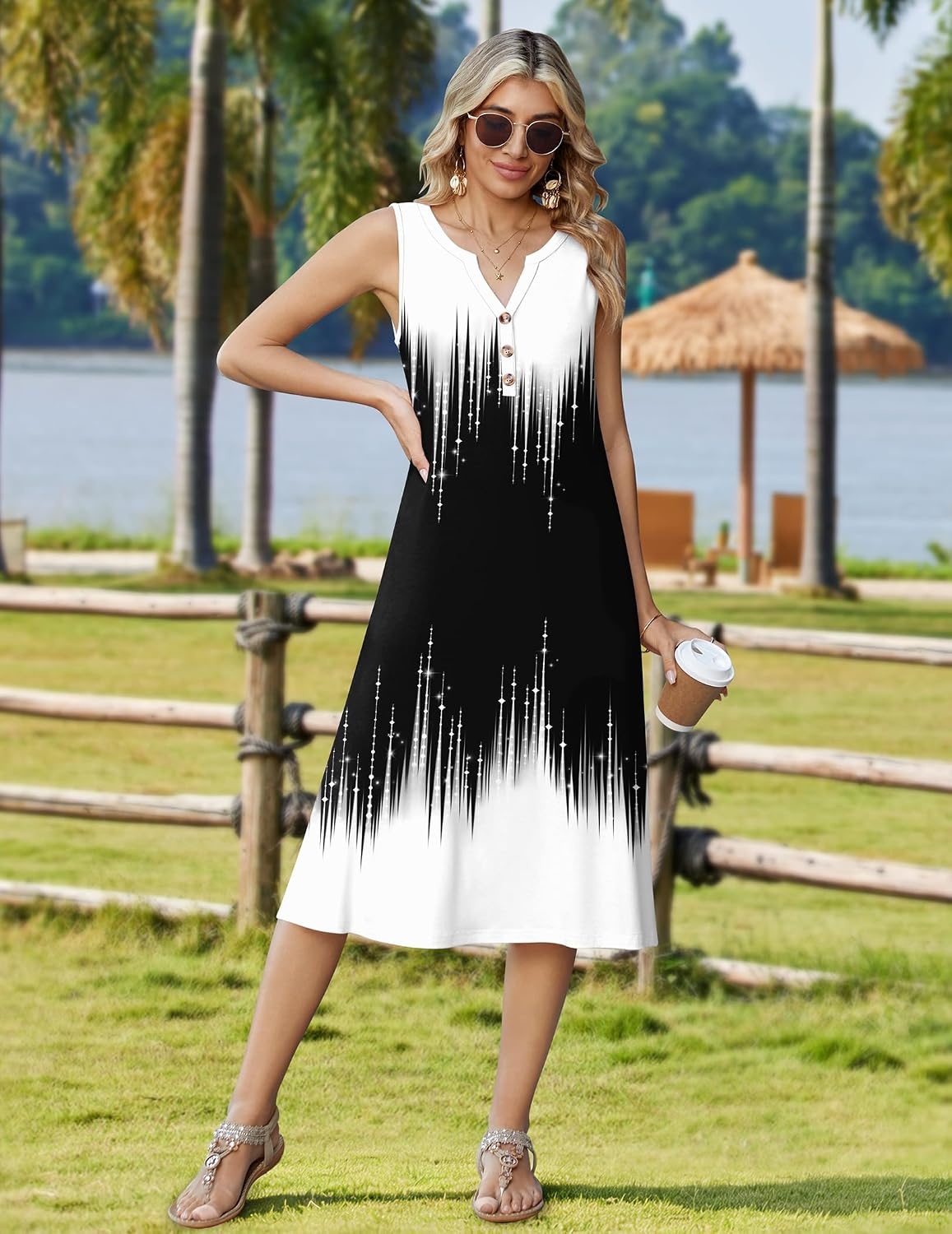 image:imageZeagoo Summer Dress for Women 2026 Sleeveless Tank Midi Dress Vacation Beach Sundress Aline Boho ClothingGradient Black White