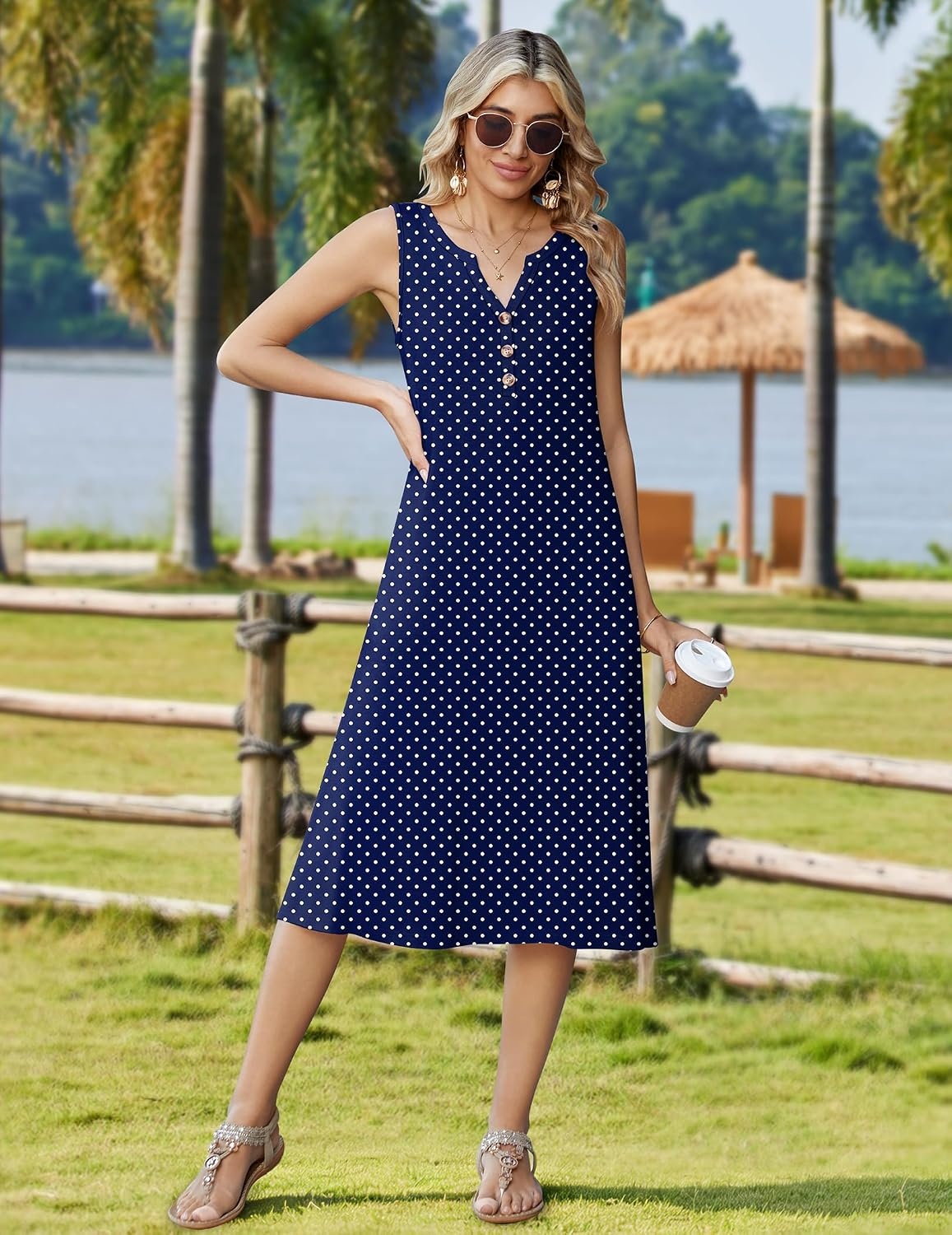 image:imageZeagoo Summer Dress for Women 2026 Sleeveless Tank Midi Dress Vacation Beach Sundress Aline Boho ClothingNavy Blue Polka Dots