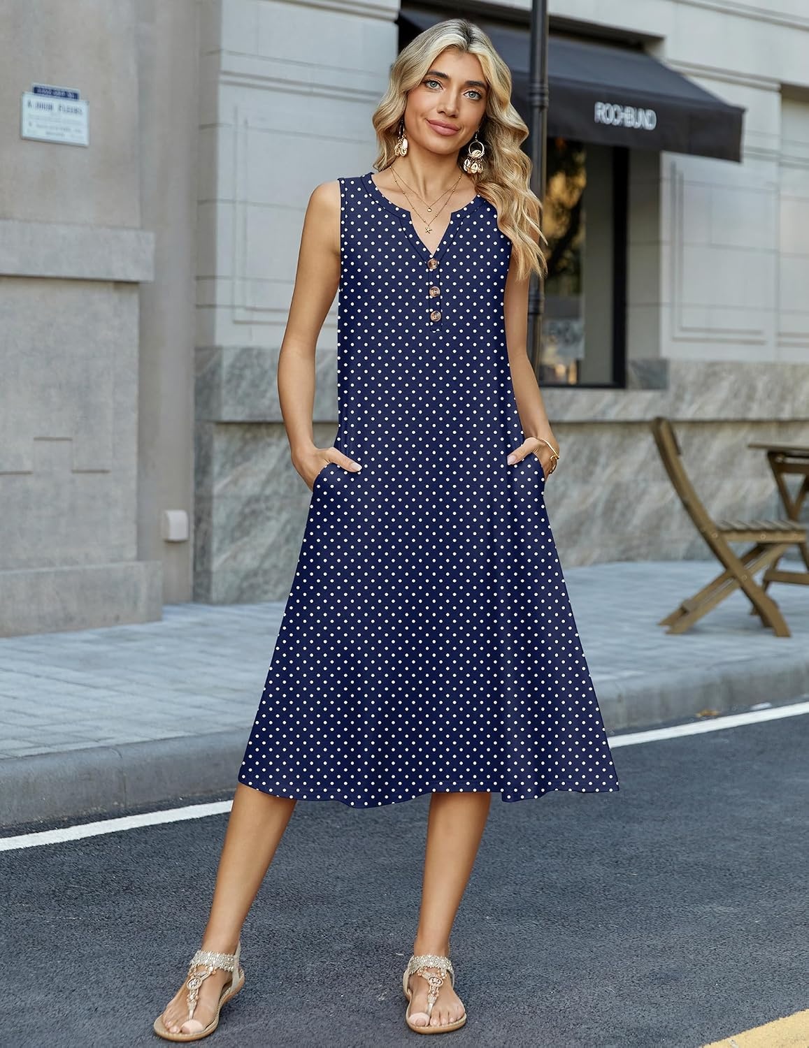 image:imageZeagoo Summer Dress for Women 2026 Sleeveless Tank Midi Dress Vacation Beach Sundress Aline Boho ClothingNavy Blue Polka Dots
