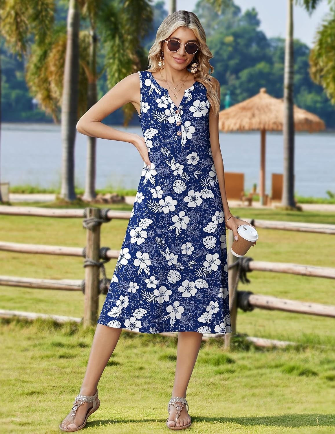 image:imageZeagoo Summer Dress for Women 2026 Sleeveless Tank Midi Dress Vacation Beach Sundress Aline Boho ClothingNavy Hawaiian Floral