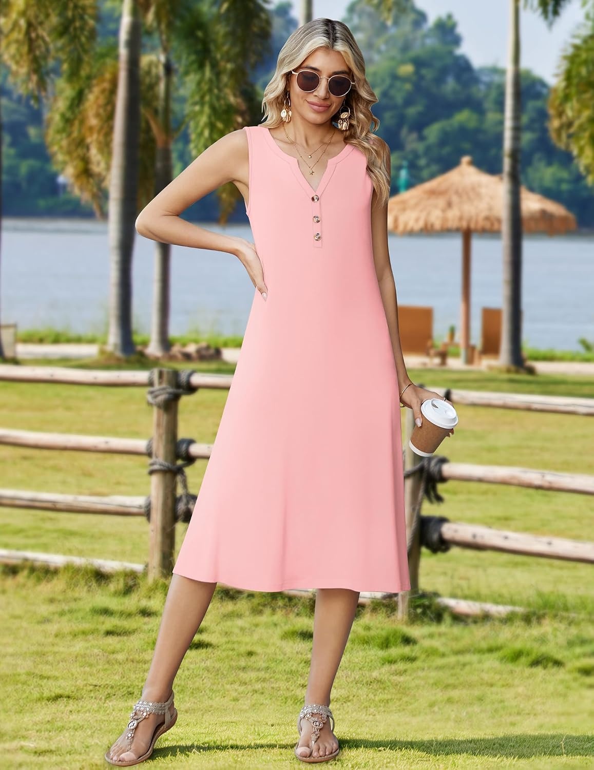 image:imageZeagoo Summer Dress for Women 2026 Sleeveless Tank Midi Dress Vacation Beach Sundress Aline Boho ClothingPink