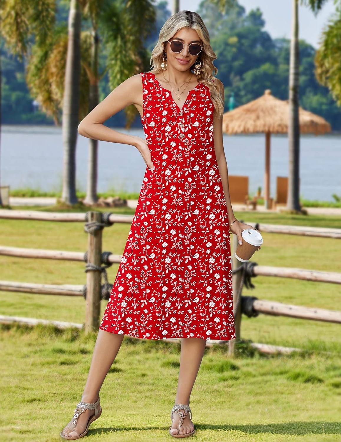 image:imageZeagoo Summer Dress for Women 2026 Sleeveless Tank Midi Dress Vacation Beach Sundress Aline Boho ClothingRed Floral