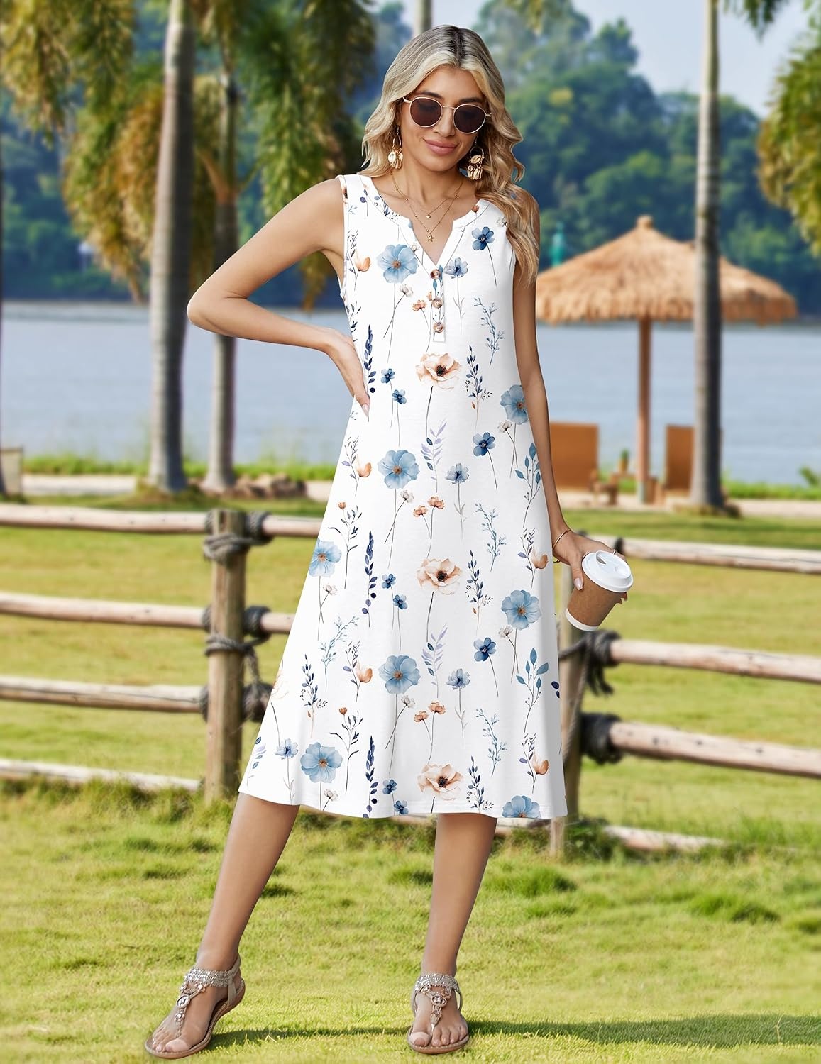 image:imageZeagoo Summer Dress for Women 2026 Sleeveless Tank Midi Dress Vacation Beach Sundress Aline Boho ClothingWhite Floral