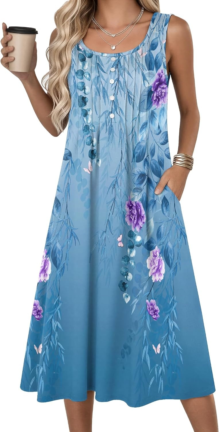 image:imageZeagoo Summer Dress for Women Flowy Aline Casual Midi Tank Dress Boho 202601 Blue Floral