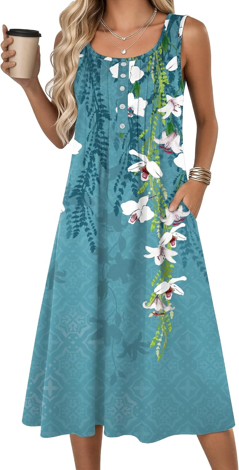 image:imageZeagoo Summer Dress for Women Flowy Aline Casual Midi Tank Dress Boho 202602 Blue Floral