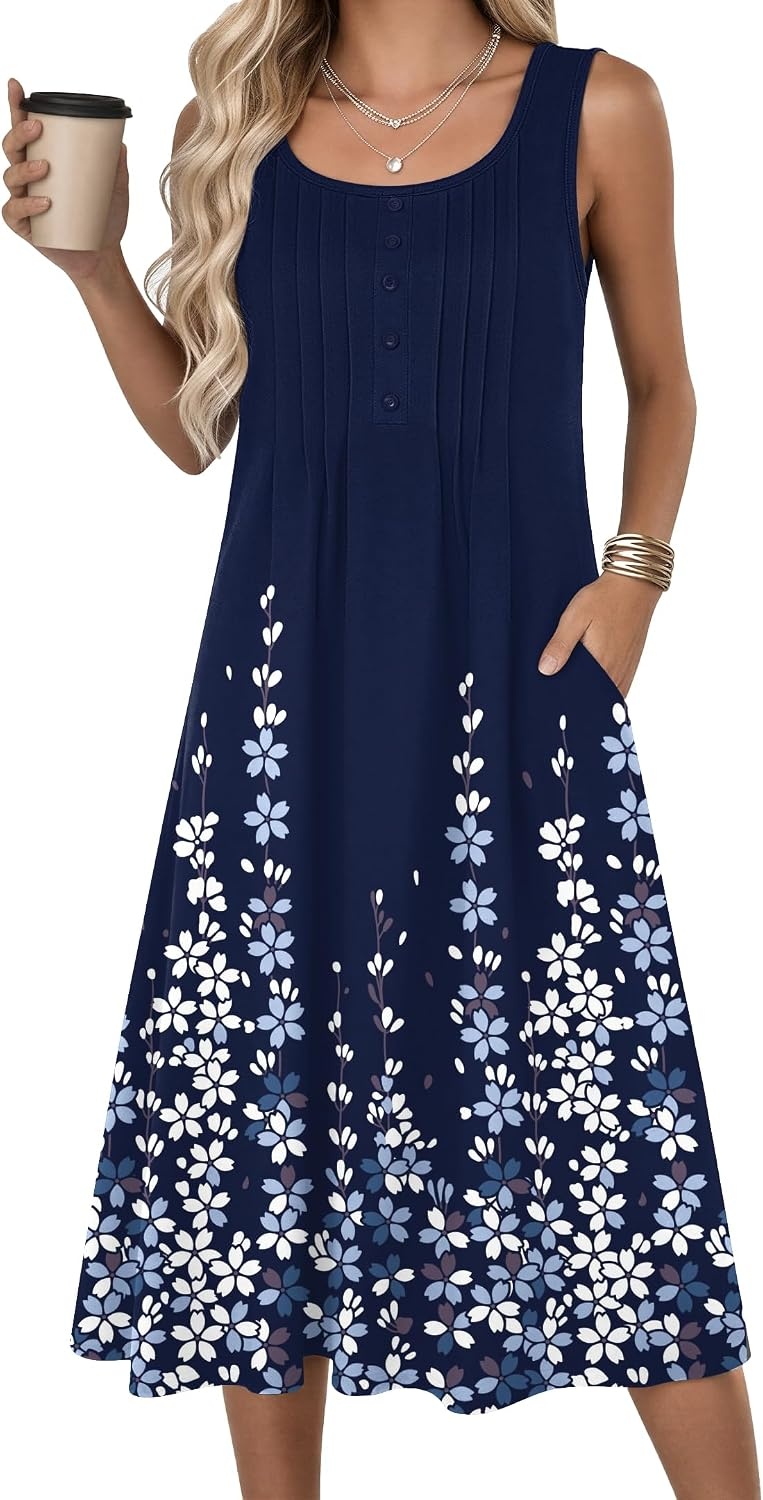 image:imageZeagoo Summer Dress for Women Flowy Aline Casual Midi Tank Dress Boho 202602 Navy Floral