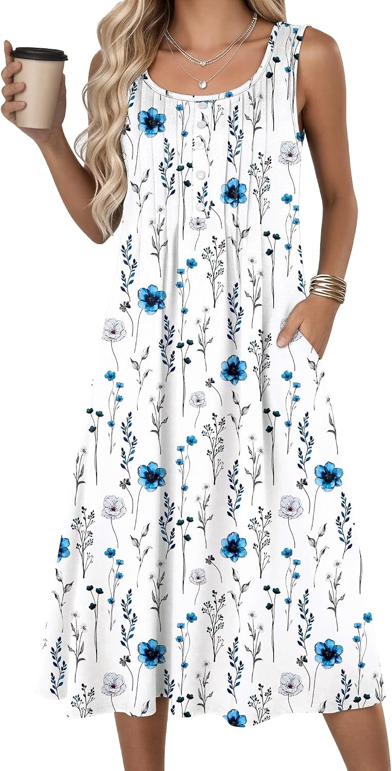 image:imageZeagoo Summer Dress for Women Flowy Aline Casual Midi Tank Dress Boho 202602 White Floral