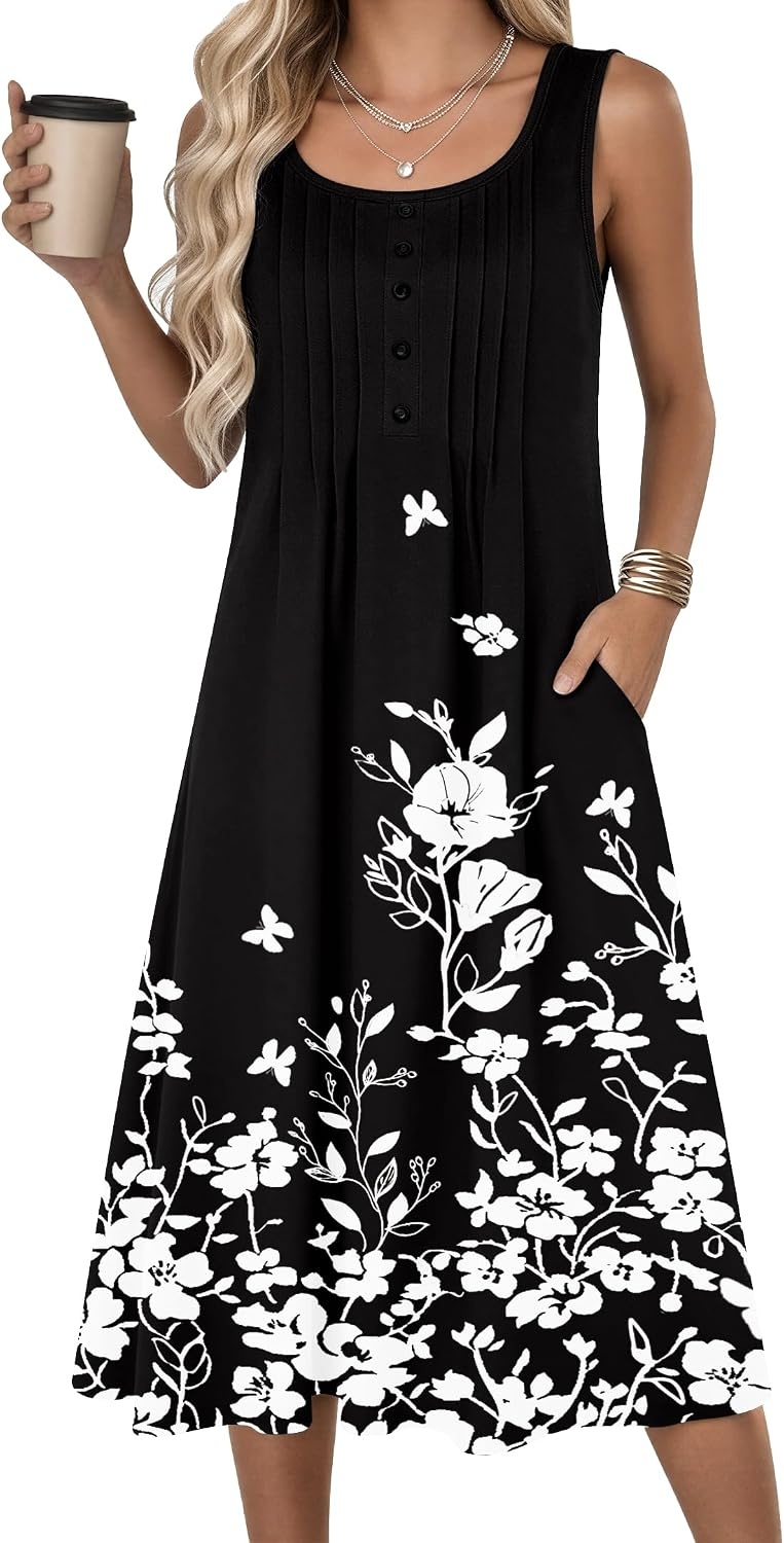 image:imageZeagoo Summer Dress for Women Flowy Aline Casual Midi Tank Dress Boho 2026Black Floral