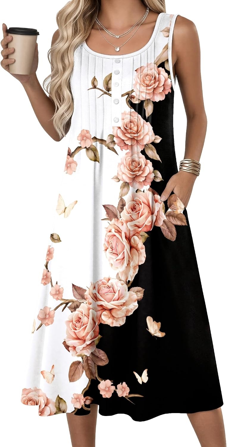 image:imageZeagoo Summer Dress for Women Flowy Aline Casual Midi Tank Dress Boho 2026Black White Floral