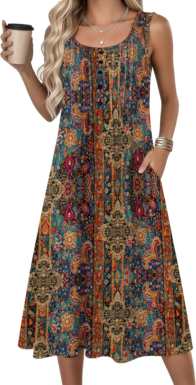 image:imageZeagoo Summer Dress for Women Flowy Aline Casual Midi Tank Dress Boho 2026Brown