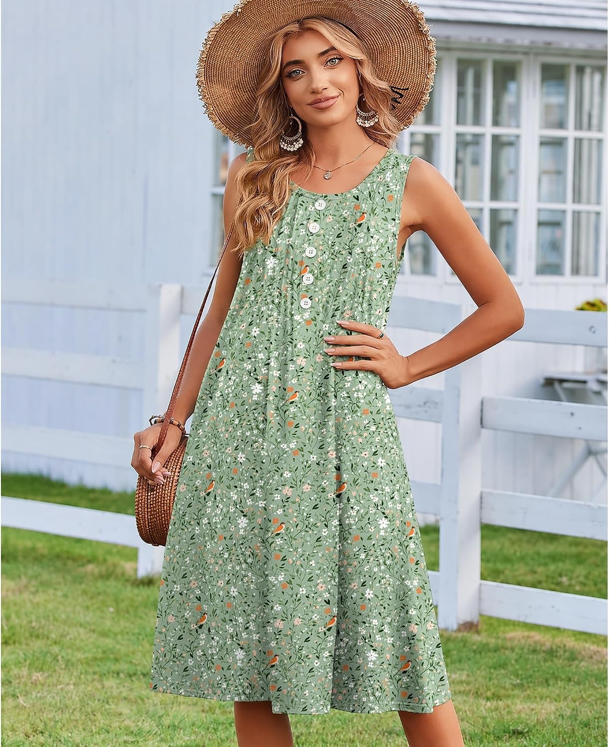 image:imageZeagoo Summer Dress for Women Flowy Aline Casual Midi Tank Dress Boho 2026Green Xh534