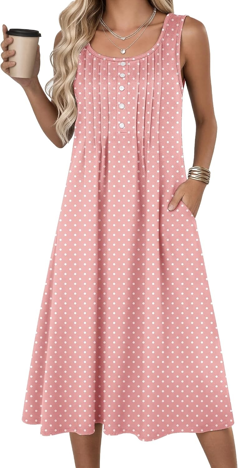 image:imageZeagoo Summer Dress for Women Flowy Aline Casual Midi Tank Dress Boho 2026Pink Dot