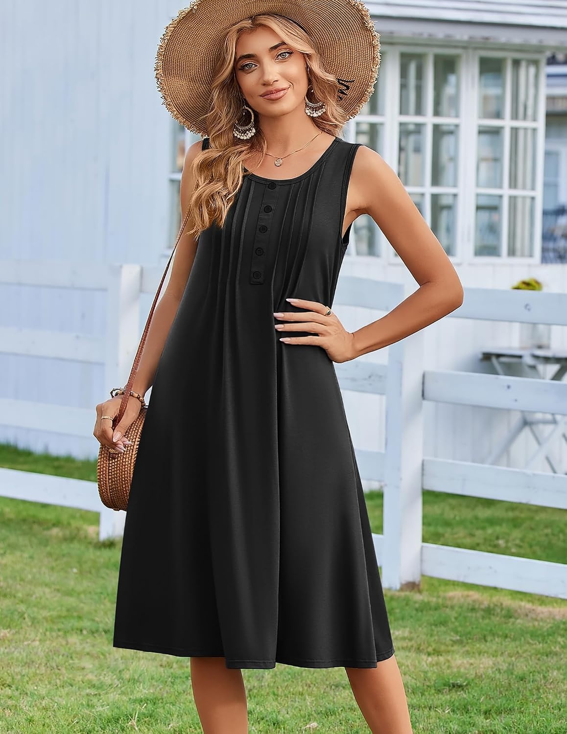 image:imageZeagoo Summer Dress for Women Flowy Aline Casual Midi Tank Dress Boho 2026Solid Black