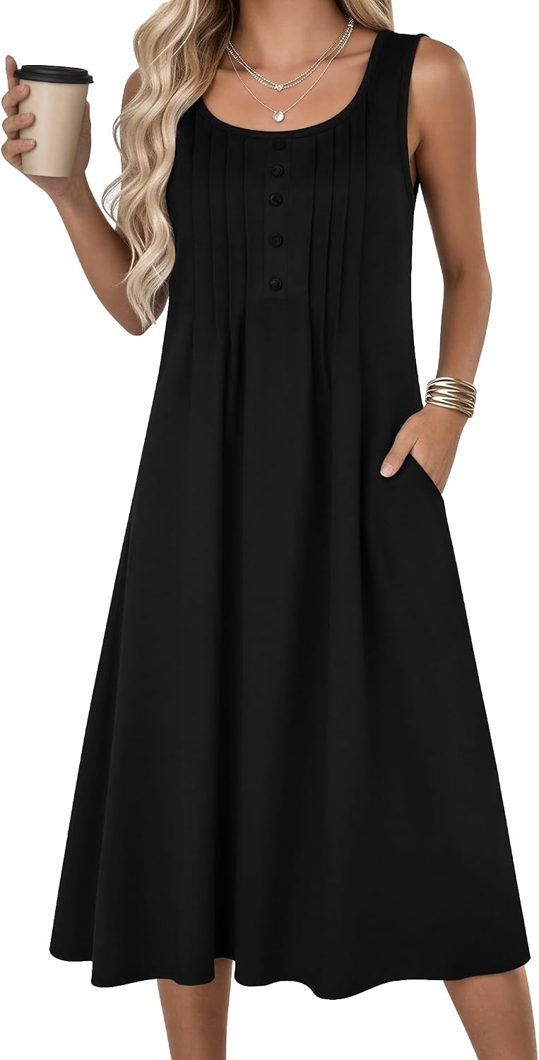 image:imageZeagoo Summer Dress for Women Flowy Aline Casual Midi Tank Dress Boho 2026Solid Black