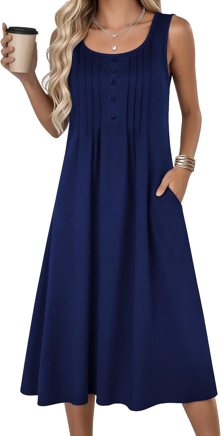 image:imageZeagoo Summer Dress for Women Flowy Aline Casual Midi Tank Dress Boho 2026Solid Navy