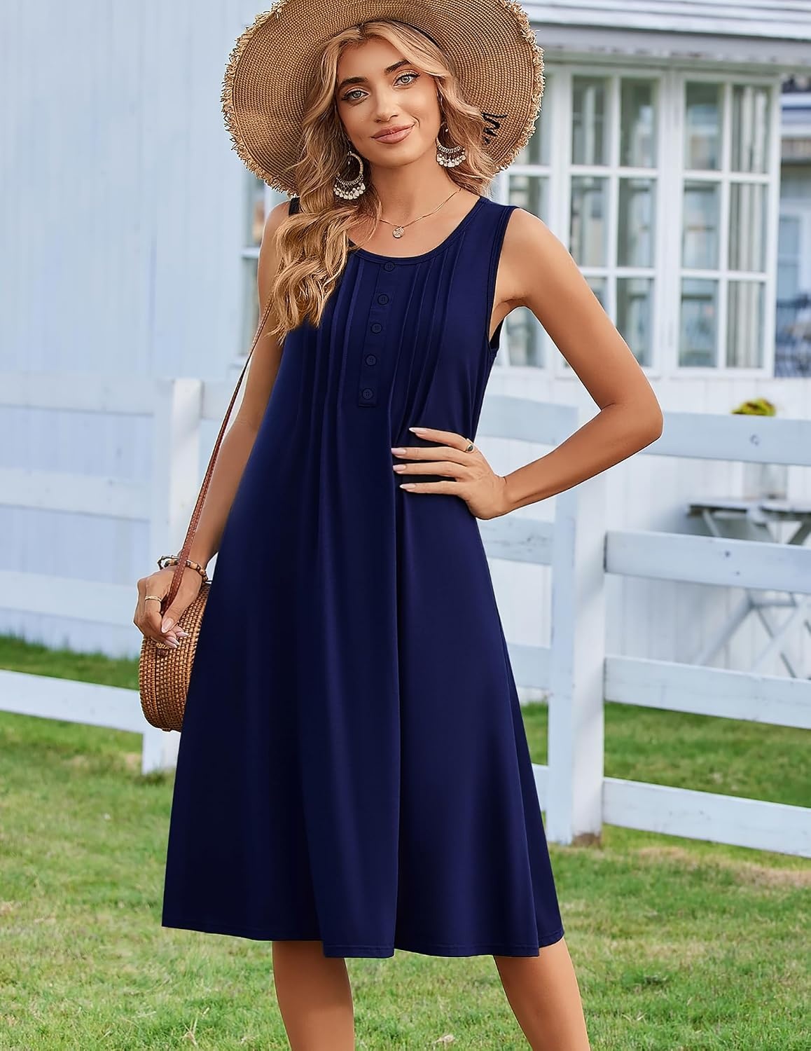 image:imageZeagoo Summer Dress for Women Flowy Aline Casual Midi Tank Dress Boho 2026Solid Navy