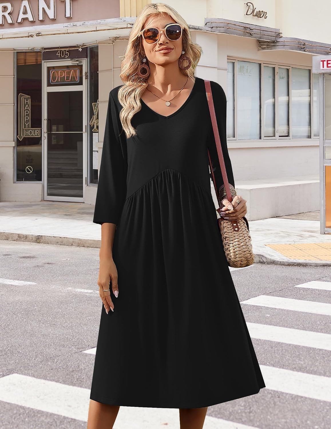 image:imageZeagoo Summer Dresses for Women 2026 34 Sleeve Casual Midi Tshirt Dresses01 Solid Black