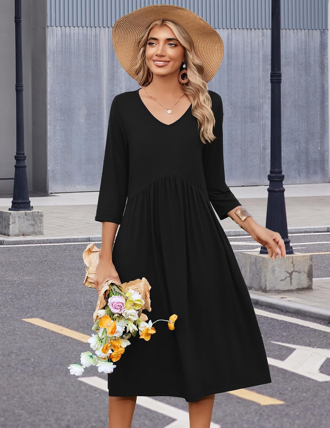 image:imageZeagoo Summer Dresses for Women 2026 34 Sleeve Casual Midi Tshirt Dresses01 Solid Black