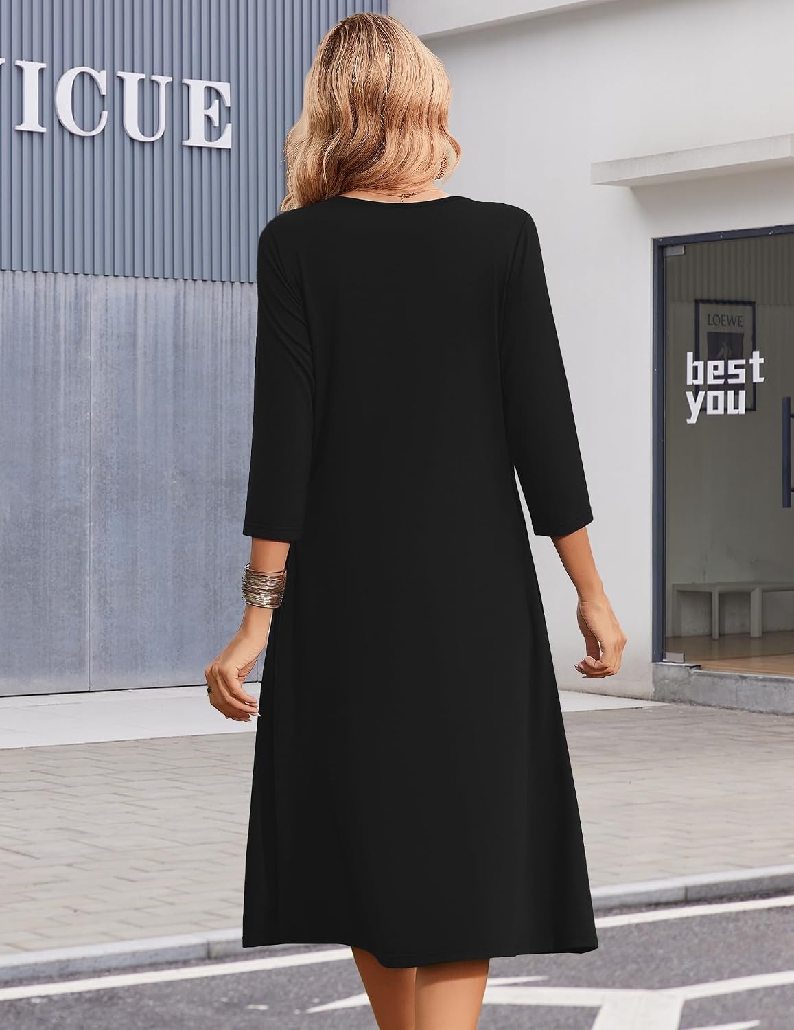 image:imageZeagoo Summer Dresses for Women 2026 34 Sleeve Casual Midi Tshirt Dresses01 Solid Black