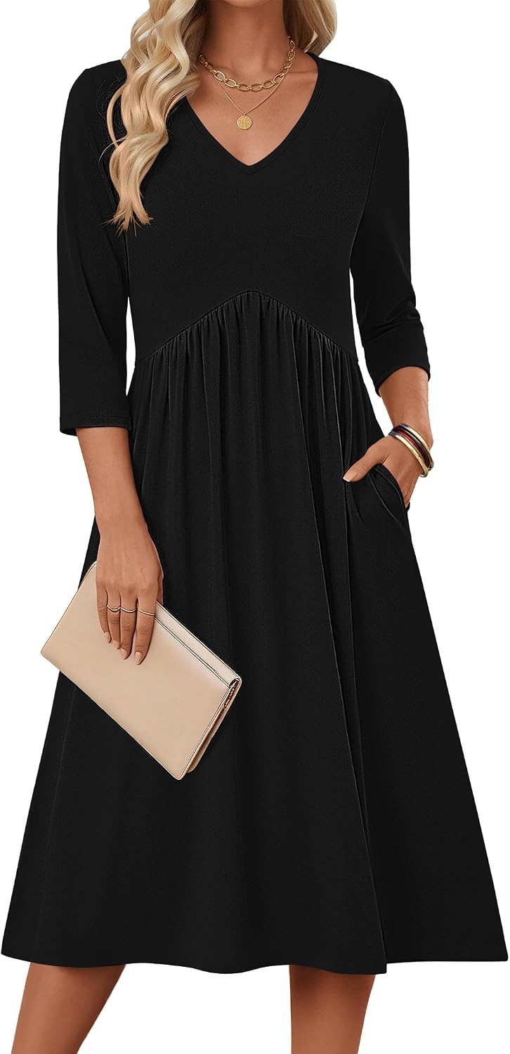 image:imageZeagoo Summer Dresses for Women 2026 34 Sleeve Casual Midi Tshirt Dresses01 Solid Black