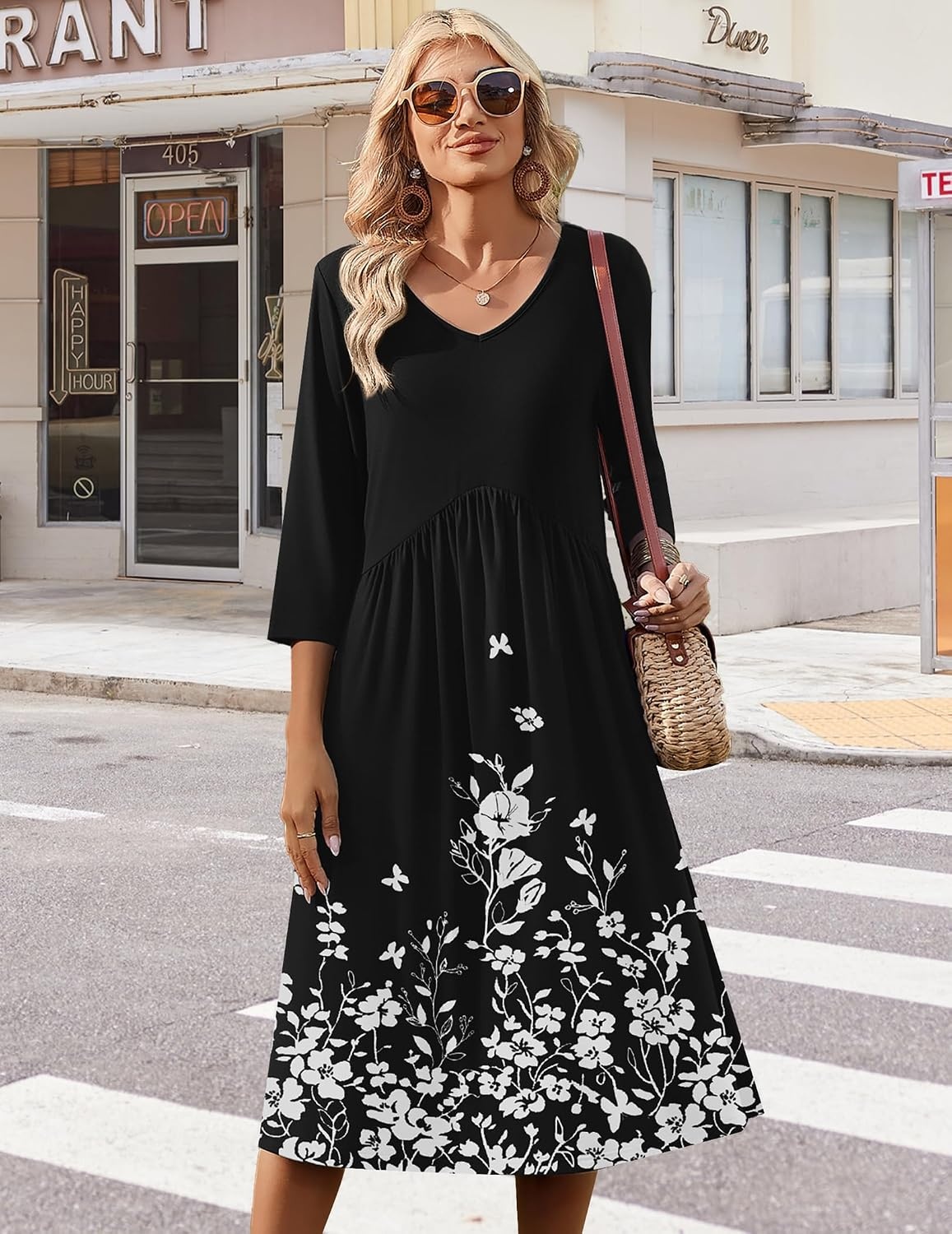 image:imageZeagoo Summer Dresses for Women 2026 34 Sleeve Casual Midi Tshirt DressesBlack Floral