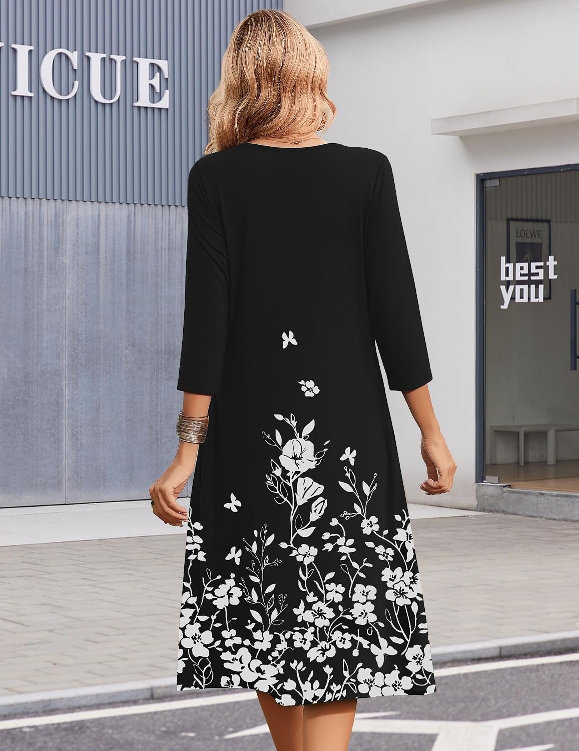 image:imageZeagoo Summer Dresses for Women 2026 34 Sleeve Casual Midi Tshirt DressesBlack Floral