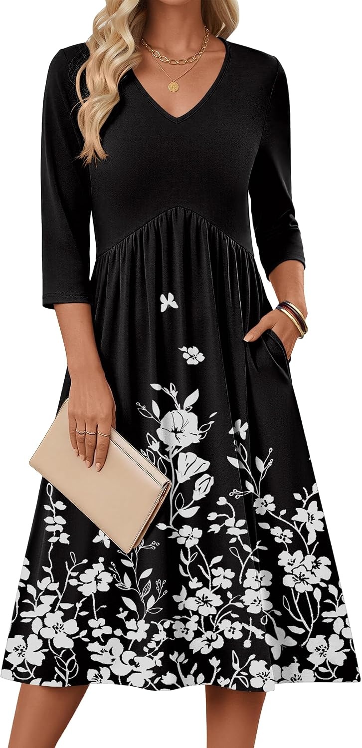 image:imageZeagoo Summer Dresses for Women 2026 34 Sleeve Casual Midi Tshirt DressesBlack Floral