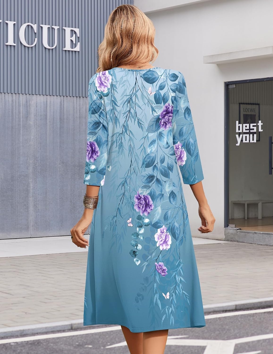 image:imageZeagoo Summer Dresses for Women 2026 34 Sleeve Casual Midi Tshirt DressesBlue Floral