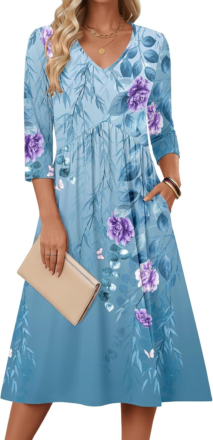 image:imageZeagoo Summer Dresses for Women 2026 34 Sleeve Casual Midi Tshirt DressesBlue Floral