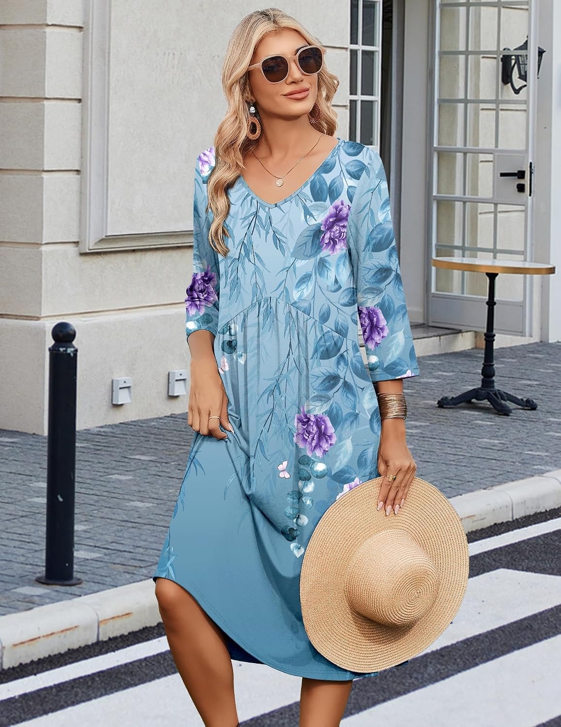 image:imageZeagoo Summer Dresses for Women 2026 34 Sleeve Casual Midi Tshirt DressesBlue Floral