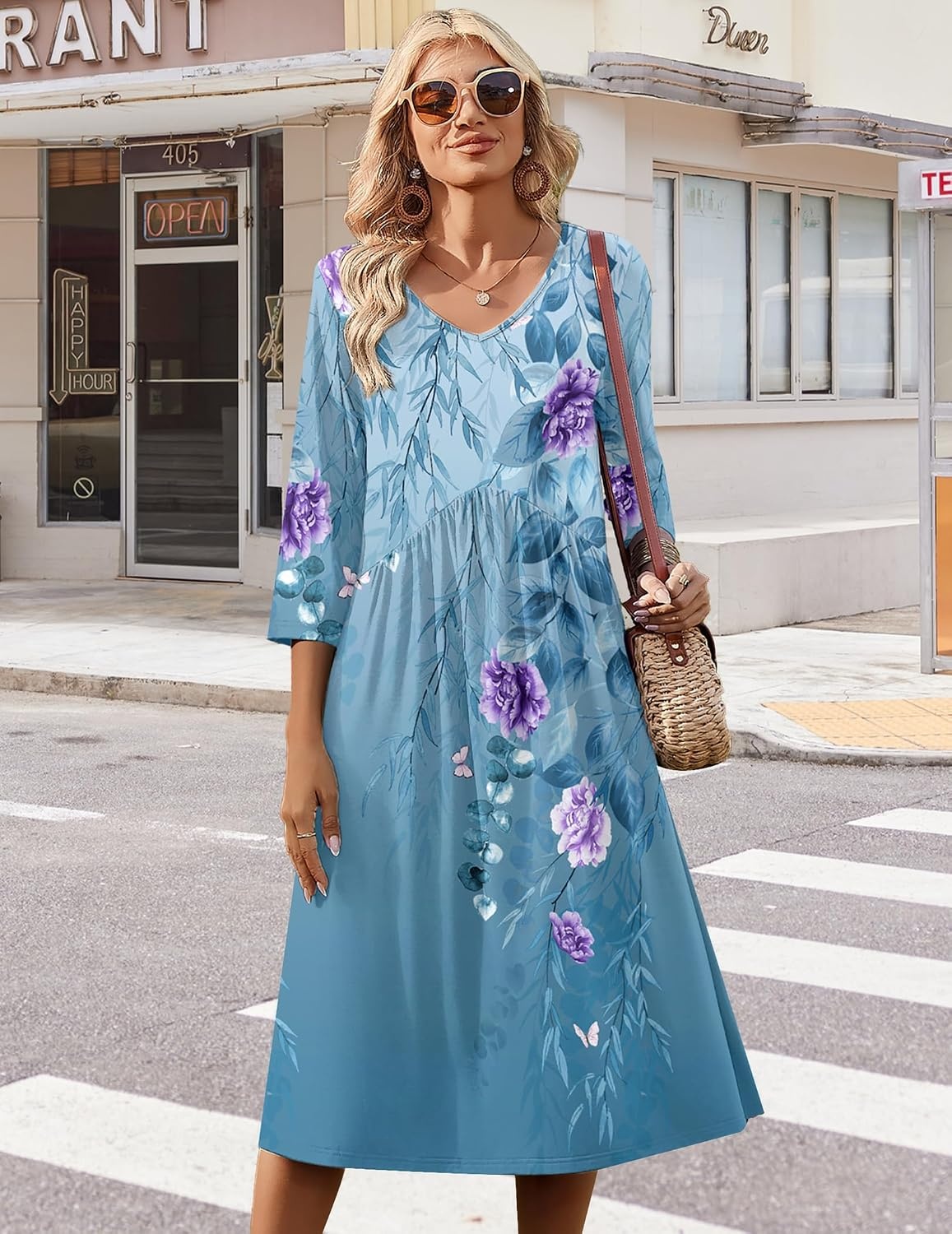 image:imageZeagoo Summer Dresses for Women 2026 34 Sleeve Casual Midi Tshirt DressesBlue Floral