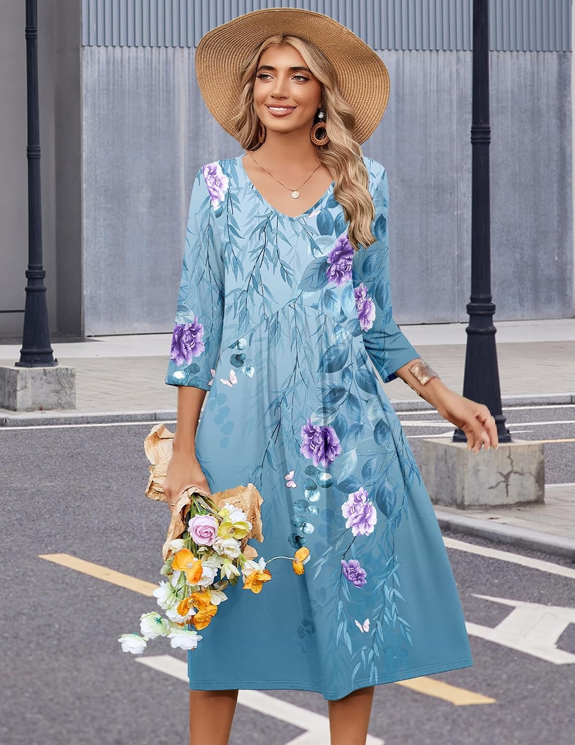 image:imageZeagoo Summer Dresses for Women 2026 34 Sleeve Casual Midi Tshirt DressesBlue Floral