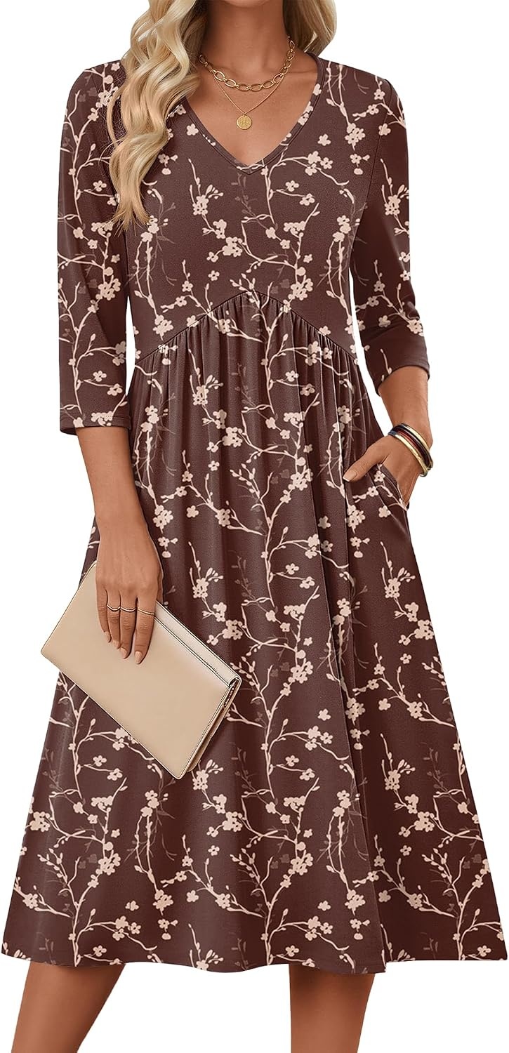 image:imageZeagoo Summer Dresses for Women 2026 34 Sleeve Casual Midi Tshirt DressesCoffee Floral
