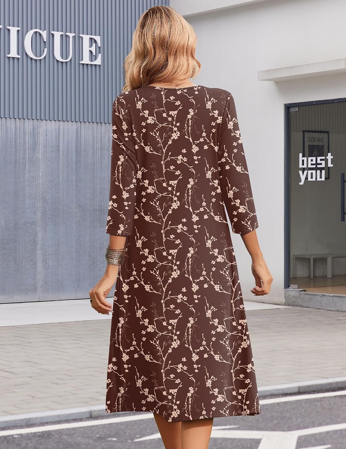 image:imageZeagoo Summer Dresses for Women 2026 34 Sleeve Casual Midi Tshirt DressesCoffee Floral
