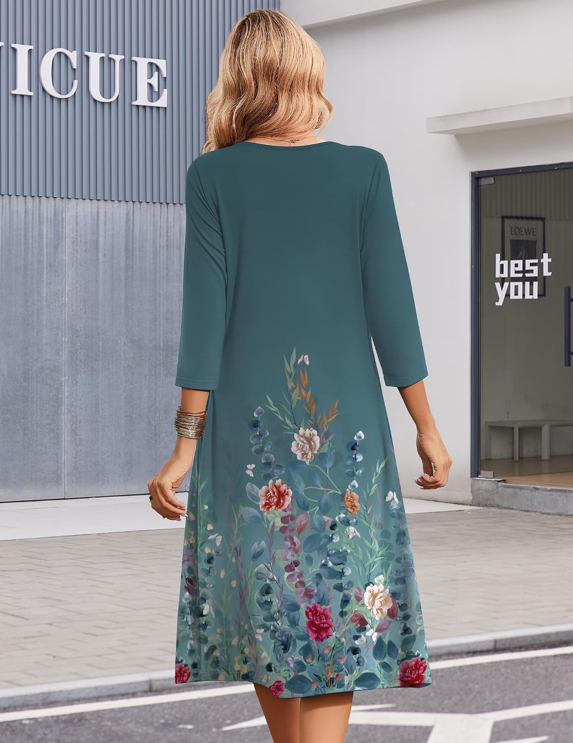 image:imageZeagoo Summer Dresses for Women 2026 34 Sleeve Casual Midi Tshirt DressesGreen Grey