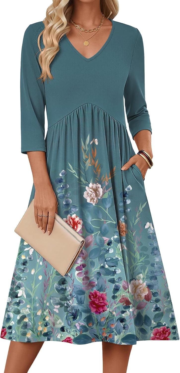 image:imageZeagoo Summer Dresses for Women 2026 34 Sleeve Casual Midi Tshirt DressesGreen Grey