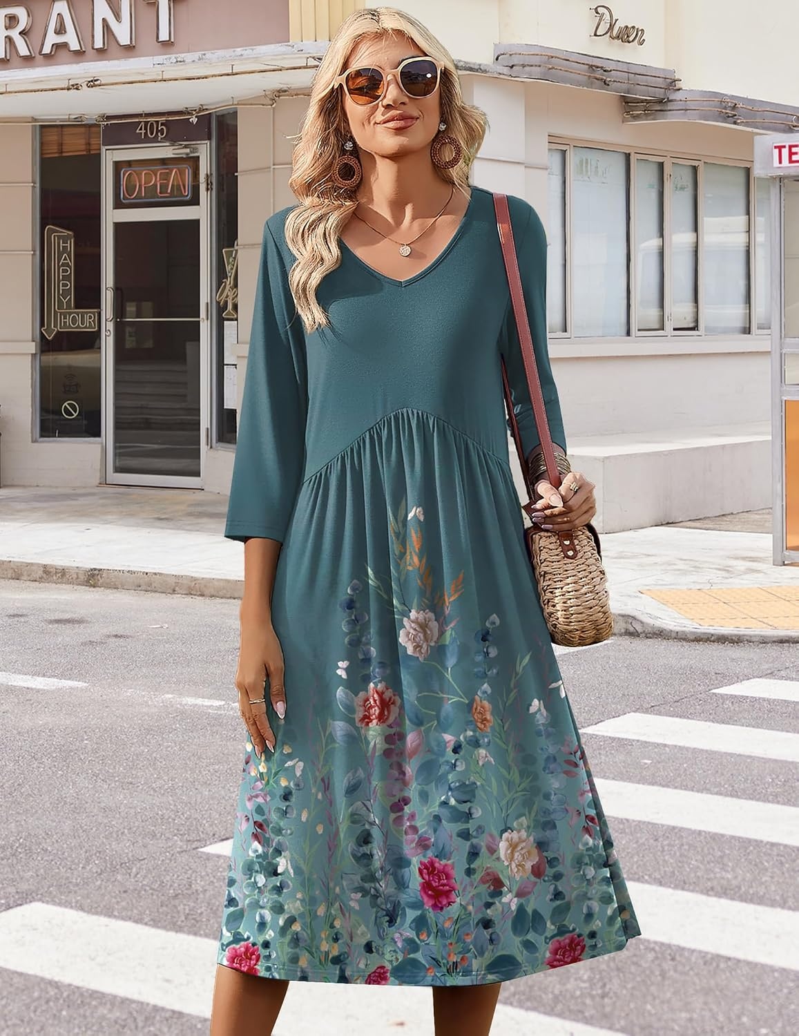 image:imageZeagoo Summer Dresses for Women 2026 34 Sleeve Casual Midi Tshirt DressesGreen Grey