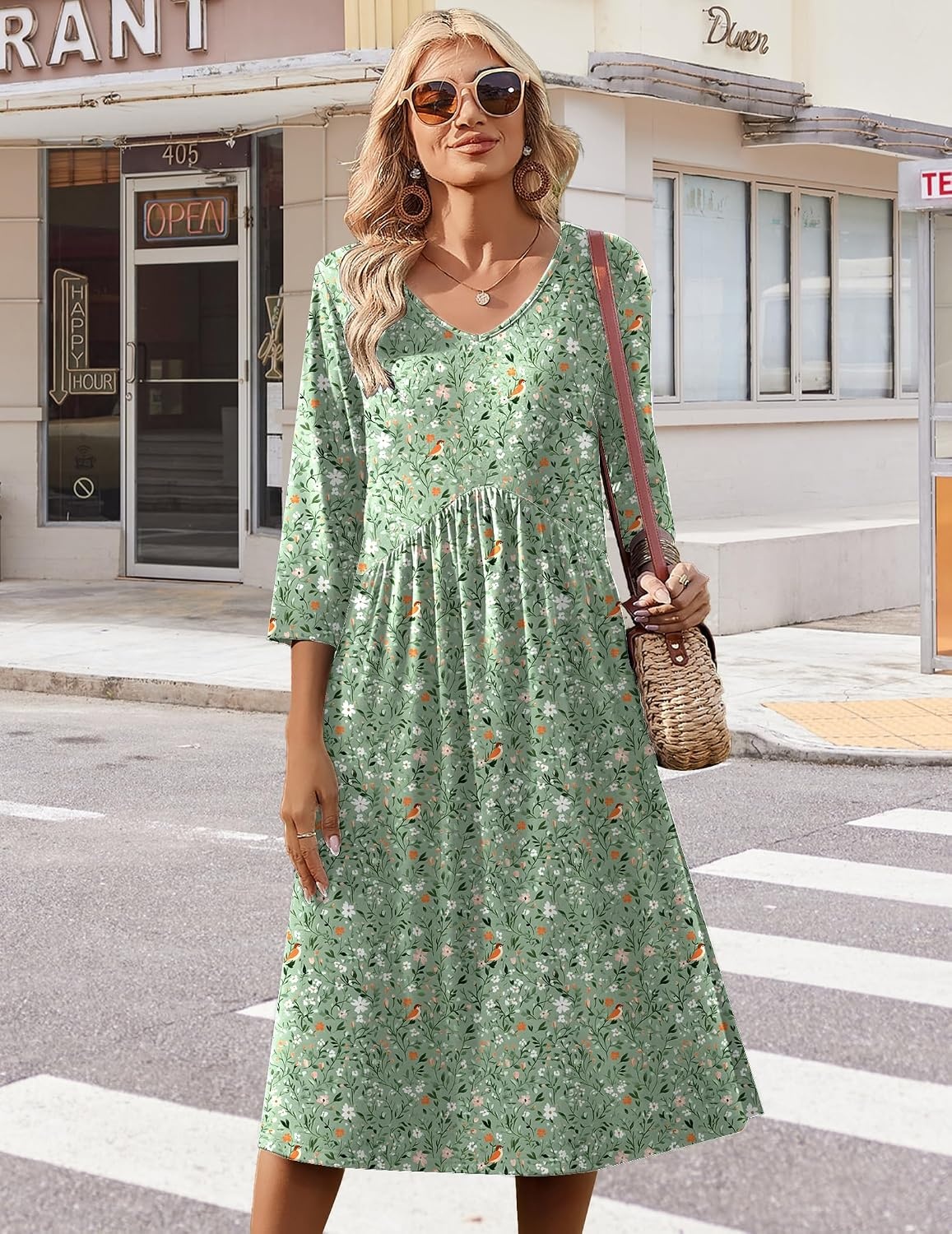 image:imageZeagoo Summer Dresses for Women 2026 34 Sleeve Casual Midi Tshirt DressesGreen Xh534