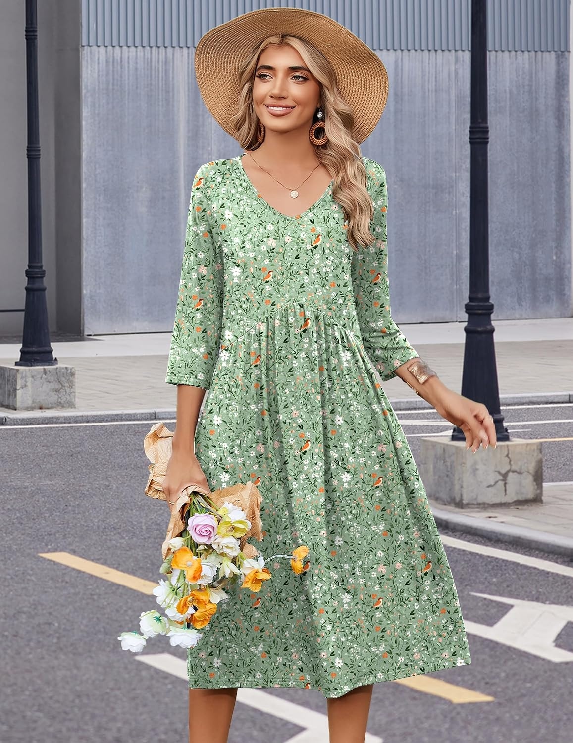 image:imageZeagoo Summer Dresses for Women 2026 34 Sleeve Casual Midi Tshirt DressesGreen Xh534