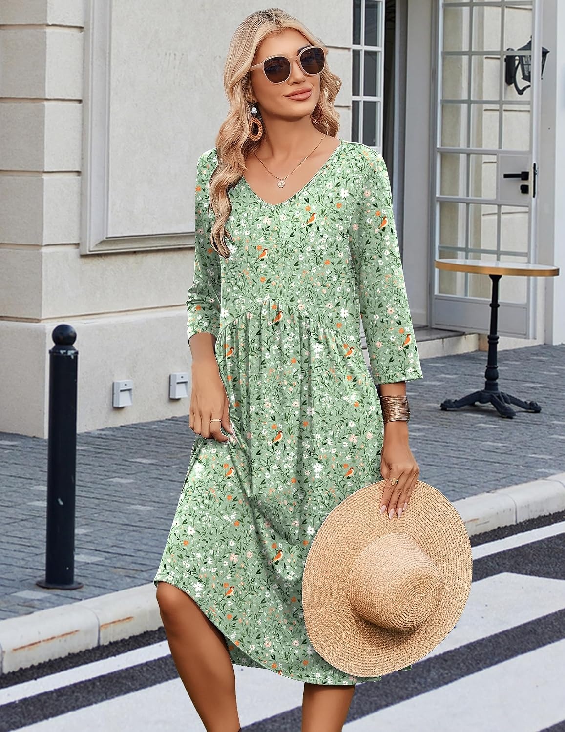image:imageZeagoo Summer Dresses for Women 2026 34 Sleeve Casual Midi Tshirt DressesGreen Xh534