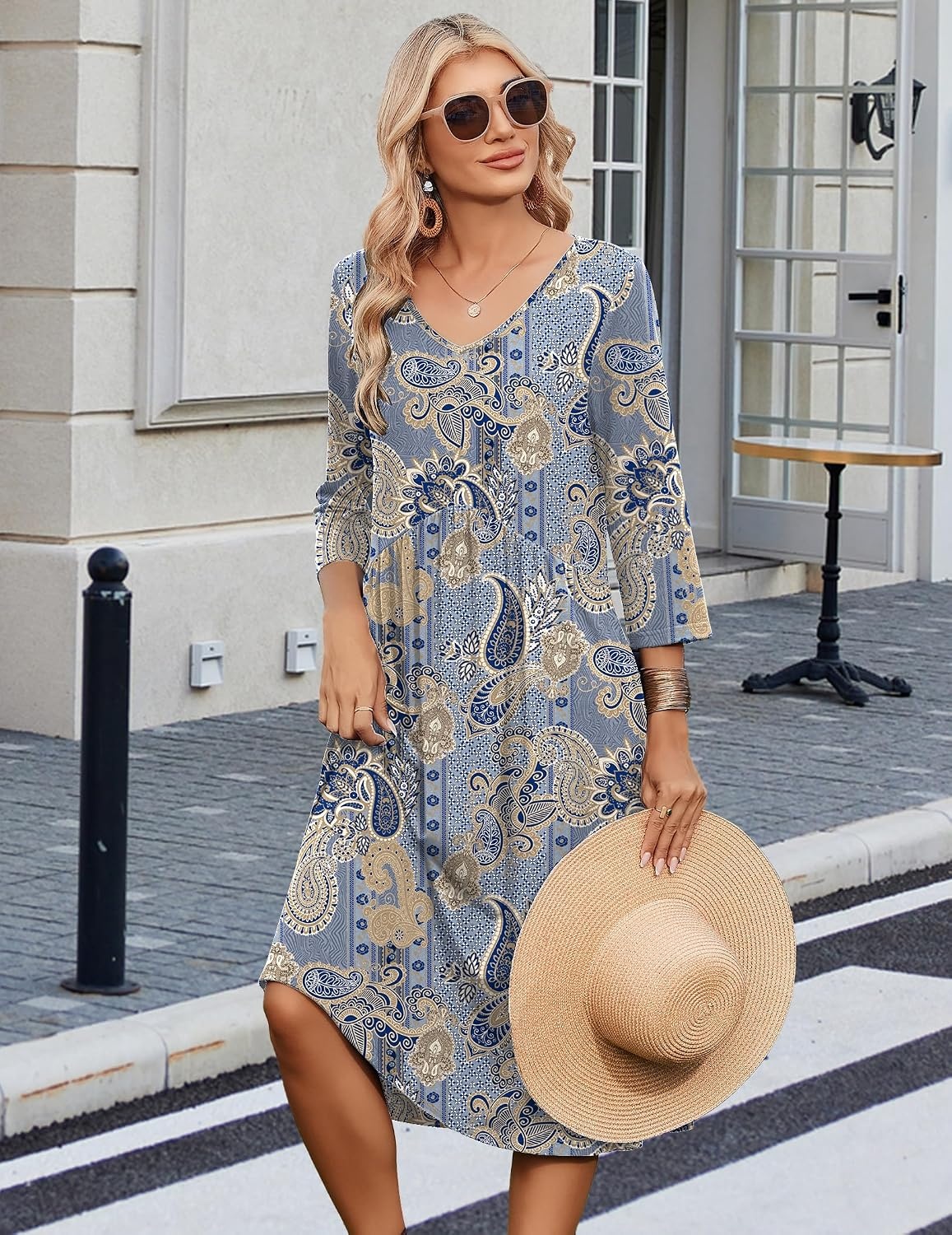 image:imageZeagoo Summer Dresses for Women 2026 34 Sleeve Casual Midi Tshirt DressesMz919