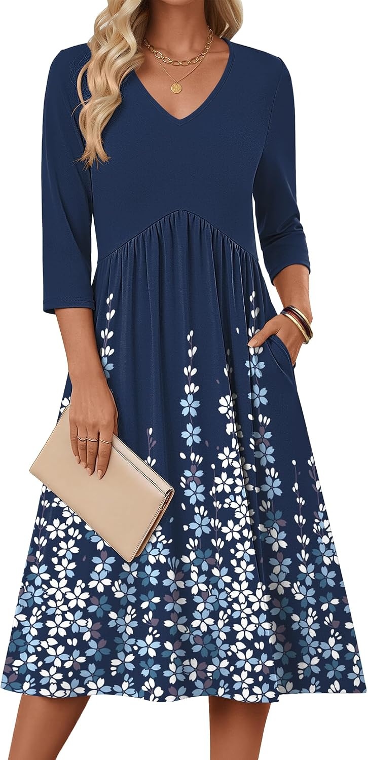 image:imageZeagoo Summer Dresses for Women 2026 34 Sleeve Casual Midi Tshirt DressesNavy Floral