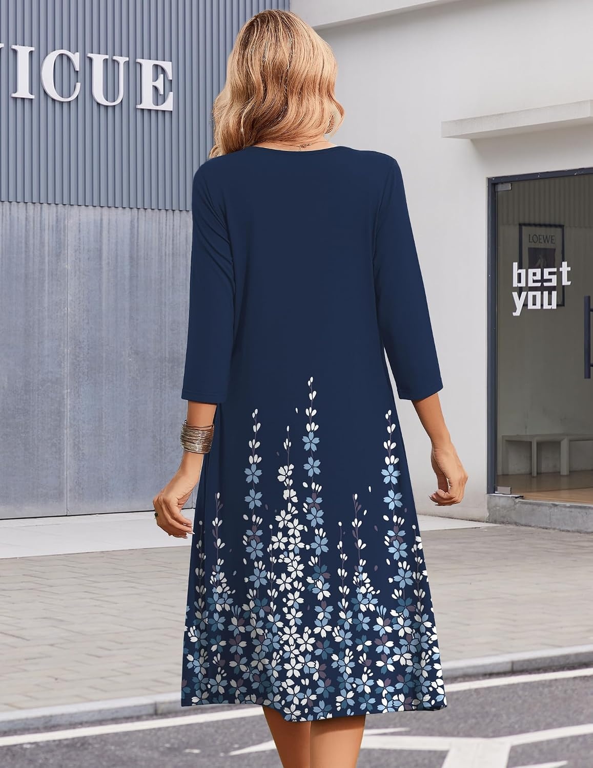 image:imageZeagoo Summer Dresses for Women 2026 34 Sleeve Casual Midi Tshirt DressesNavy Floral